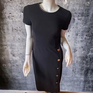 DKNY black stretch gold button leather trim classic jackie o style dress 6